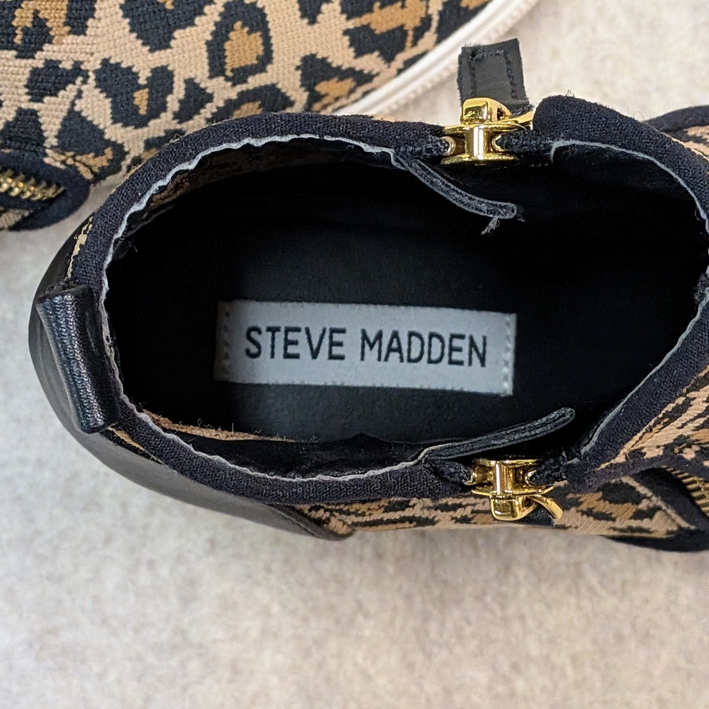 Steve Madden Black & Tan Knit Fabric & Leather Leopard Wedges Sz 7 Teens/Women - Picture 2 of 10